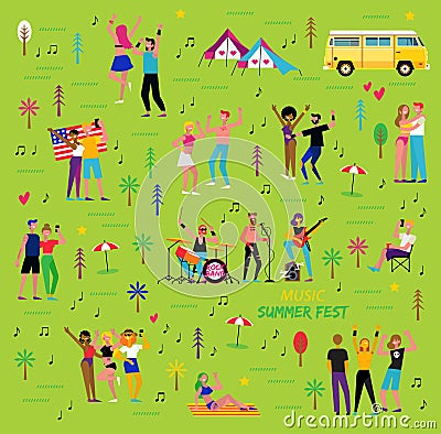 Seamless pattern for the music summer festival. Open-air live performance in the outdoor suburban landscape. Vector Illustration