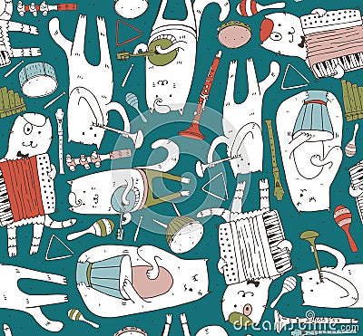 Seamless pattern with musician cats and music instruments in bright colors. Cats are playing on drum, accordion, tube, guitar. Cartoon Illustration