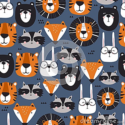 Seamless pattern, muzzles of animals. Colorful background Vector Illustration