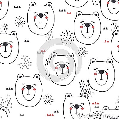 Seamless pattern, muzzles of bears. Black and white cute background with happy animals Vector Illustration