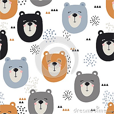 Seamless pattern, muzzles of bears. Colorful cute background with animals Vector Illustration