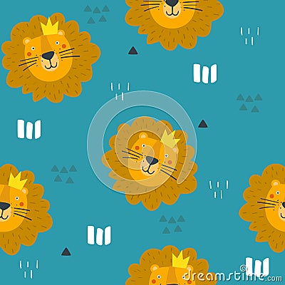 Colorful seamless pattern, muzzles of lions. Decorative cute background with happy animals Vector Illustration