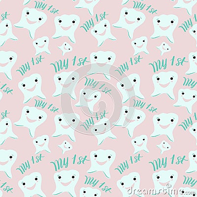 Seamless pattern of `My first tooth`. Hand drawn mint teeth icon on pink background. Stock Photo