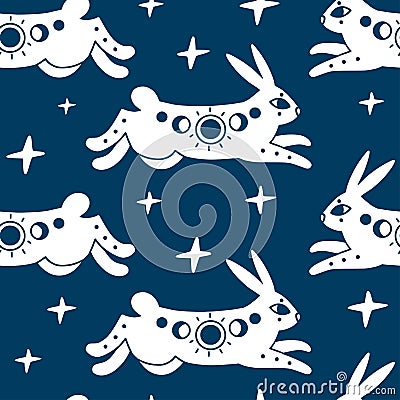 Seamless pattern with mystic rabbit or hare and stars Vector Illustration