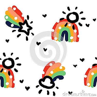 Seamless pattern in naive style with cute abstract rainbow, rain cloud and shooting star with tail. Creative vector design Vector Illustration