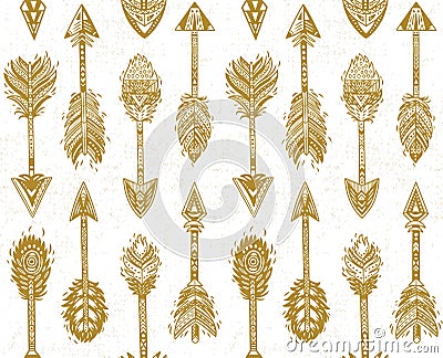 Seamless pattern with Native American Indian arrows in gold Vector Illustration