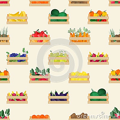 Seamless pattern with natural organic fruits and vegetables in wooden boxes on white background. Backdrop with food Vector Illustration