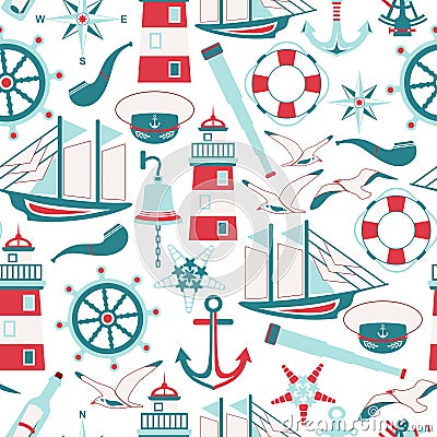 Seamless pattern of nautical design elements in flat style Vector Illustration