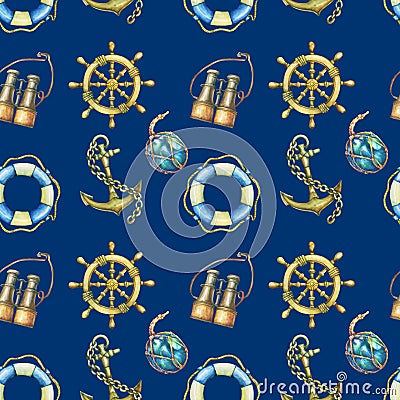 Seamless pattern with nautical elements, on dark blue background. Old sea binocular, lifebuoy, antique sailboat steering Cartoon Illustration