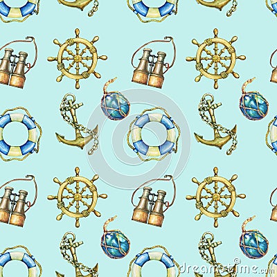 Seamless pattern with nautical elements, isolated on pastel turquoise background. Old binocular, lifebuoy, antique sailboat steeri Cartoon Illustration