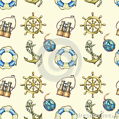 Seamless pattern with nautical elements, isolated on pastel yellow background. Old binocular, lifebuoy, antique sailboat steering Cartoon Illustration