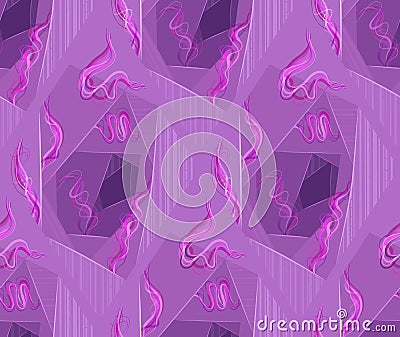 Seamless pattern with neon abstract pattern with portals and wires. Technological geometric purple texture with rhombuses Vector Illustration