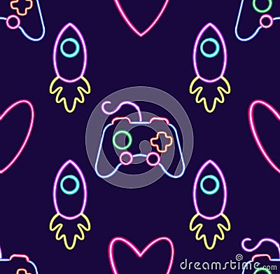 seamless pattern neon games glowing desktop icon, neon game joystick sticker, neon rocket figure, glowing arrows figure Cartoon Illustration