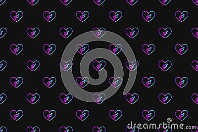 Seamless pattern with neon heart with bisexuality symbol on black background Stock Photo