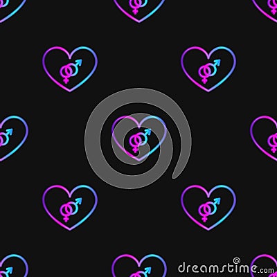 Seamless pattern with neon heart with bisexuality symbol on black background Stock Photo