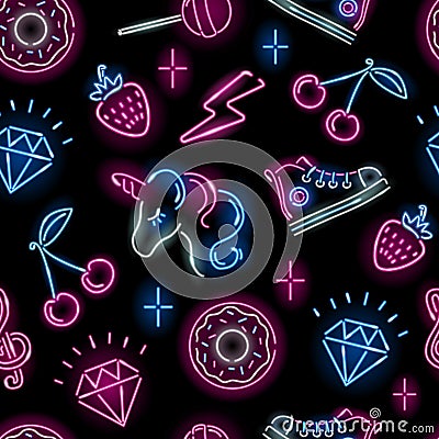 Seamless pattern with neon icons of unicorn face, strawberry, diamond, cherry, donut, lollypop on black background. Vector Illustration