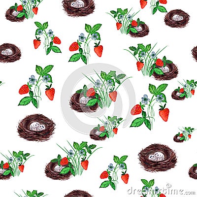 Seamless pattern. Nest and bushes with strawberries, white flowers and green leaves. watercolor Stock Photo