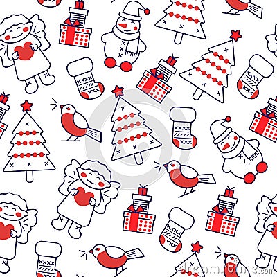 Seamless pattern with New year, Christmas outline icons with color. Background for different design Vector Illustration