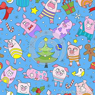 Seamless illustration with funny cartoon colored pigs and snowflakes, colored icons on blue background Vector Illustration