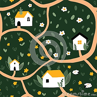 Seamless pattern with nice houses and forest paths. Vector Illustration