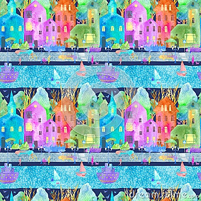 Seamless pattern with night city map,road,park,river and boat. Cartoon Illustration