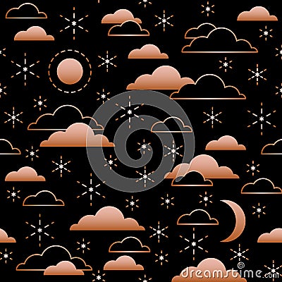Seamless pattern with night sky. Moon, stars and clouds in golden color on black background. Vector illustration. Vector Illustration