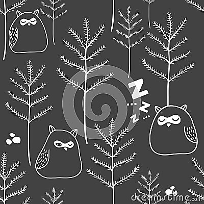 Seamless pattern of night in woodland with cute owls. Vector Illustration