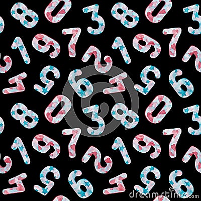 Seamless pattern of numbers from zero to nine with stars and hearts on black background Cartoon Illustration