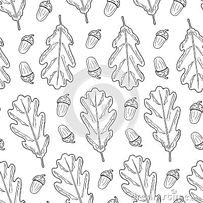 Seamless pattern from oak leaves and acorn. white background. Hand drawing. Vector illustration. Cartoon Illustration