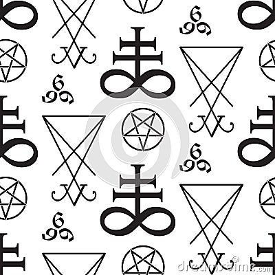 Seamless pattern with occult symbols Leviathan Cross, pentagram, Lucifer sigil and 666 the number of the beast hand drawn black an Vector Illustration