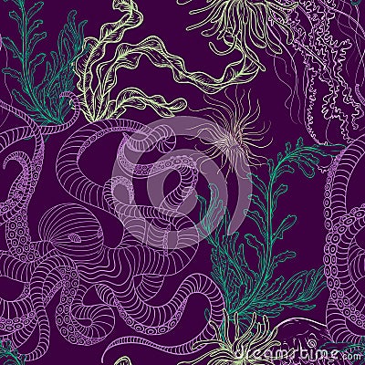 Seamless pattern with octopus, jellyfish, marine plants and seaweed. Vintage hand drawn vector illustration marine life Vector Illustration