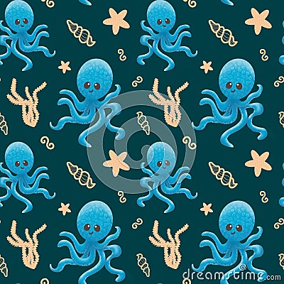 Seamless pattern with octopus and seashells. Graphic illustration. Pattern with a cute octopus with a smile Cartoon Illustration