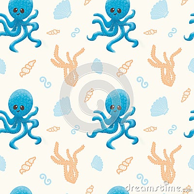 Seamless pattern with octopus and seashells, seaweed. Graphic illustration. Pattern with a cute octopus with a smile Cartoon Illustration