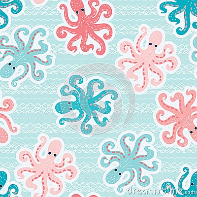 Seamless pattern with multicolored octopuses. Vector Vector Illustration