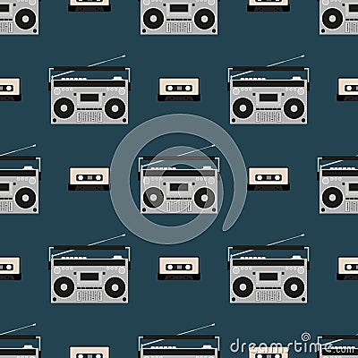 Seamless pattern with old boomboxes and tape cassettes. Vintage music print. Retro vector illustration. Vector Illustration