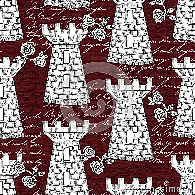 Seamless pattern with old castle tower, roses and handwritten text. Stock Photo