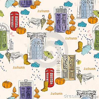 Seamless pattern with old doors, clouds, rain, pumpkins, telephone booth, rubber boots, bench in vintage style. Vector Illustration