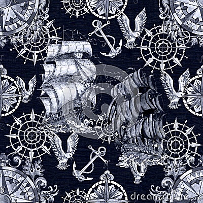 Seamless pattern with old sailing vessel, anchor, gull and nautical compass on blue Cartoon Illustration