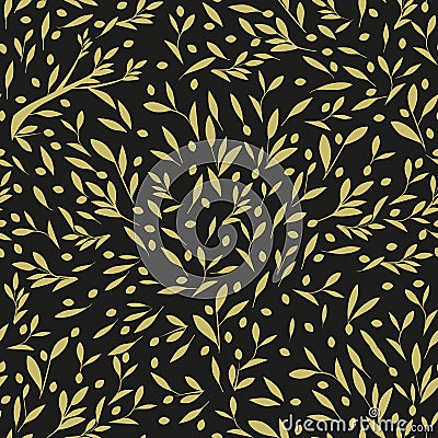 Seamless pattern of olive branches, olives and leaves, isolated on dark background Vector Illustration