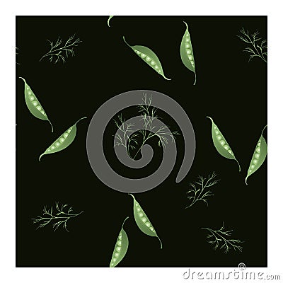 Seamless pattern with open pea pods, peas and dill green on a black background Cartoon Illustration
