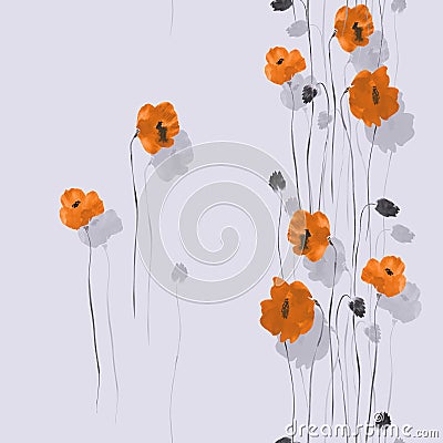 Seamless pattern of orange and gray flowers on a light violet background. Watercolor Stock Photo