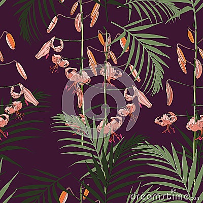 Seamless pattern, orange lilies flowers and green palm leaves on dark violet background Stock Photo