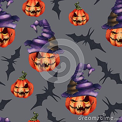 Seamless pattern orange pumpkin in a hat, bat on a grey background. Halloween Horror nightmare. Stock Photo