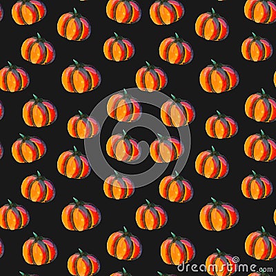 Seamless pattern of orange pumpkins on a black background. Illustration for Halloween. Fall, thanksgiving concept Vector Illustration