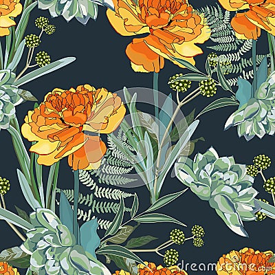 Seamless pattern with orange yellow Tulip and many kind of herbs with and succulent. Stock Photo