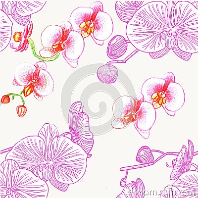 Seamless pattern with orchids. Watercolor Stock Photo