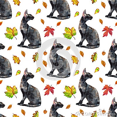 Seamless pattern of oriental black cats. Painting animal illustration Stock Photo