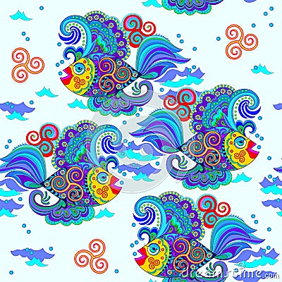 Seamless pattern ornament. Abstract background with beautiful fishes and Celtic triple spiral symbols. Fantasy decoration. Luxury Vector Illustration