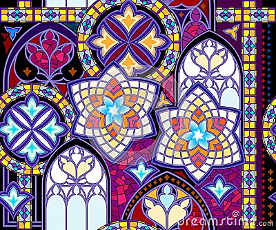 Seamless pattern ornament. Fantasy stain glass decoration. Abstract background with beautiful medieval gothic windows. Luxury Vector Illustration