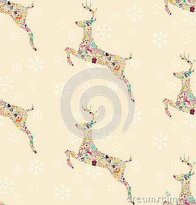 Seamless pattern with ornamental Christmas reindeer with snowflakes Vector Illustration